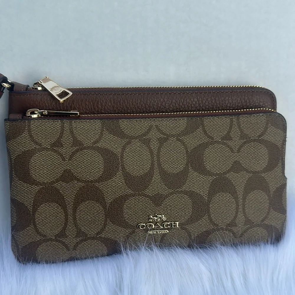 Coach Brown and Tan Patterned Wristlet